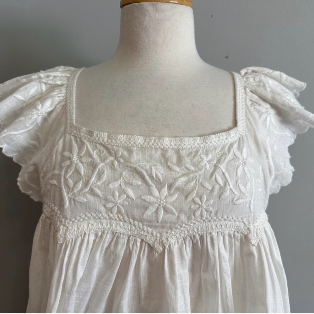 THE GREAT. White Embroidered Square-Neck Cotton Peasant Top